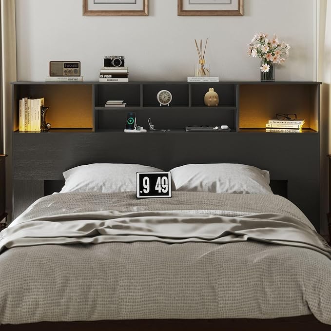 Apicizon 81" King Size Headboard Only, Black Storage Headboard with USB for King Size Bedroom, Wood Head Board with 2 LED Lights, Black Bookshelf