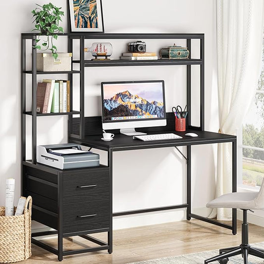 Tribesigns 55 Inch Computer Desk with 2 Drawers and Storage Shelves, Rustic Office Desk with Hutch, Study Writing Gaming Table Laptop Workstation for Home Office (Black)