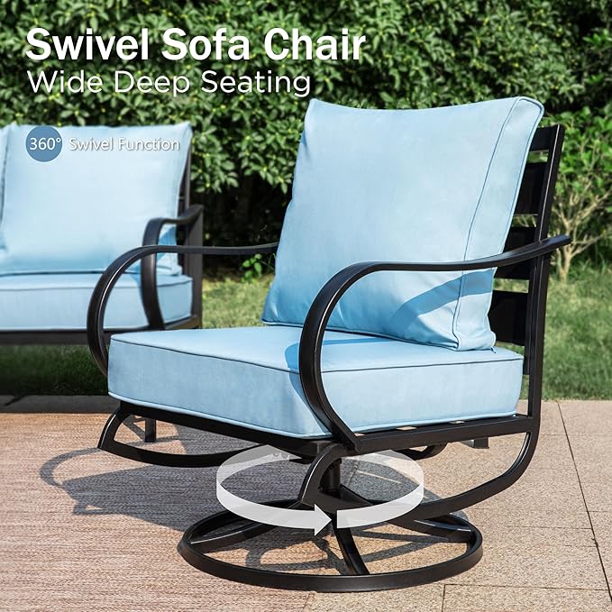 PHI VILLA Patio Furniture with 1 x 45 Metal FirePit Table, 1 x 3-Seat Wide Deep Seating Bench, 2 x Swivel Sofa Chairs & 2 Ottomans, 5.75" Thick Cushioned Outdoor Conversation Set for 5, Light Blue