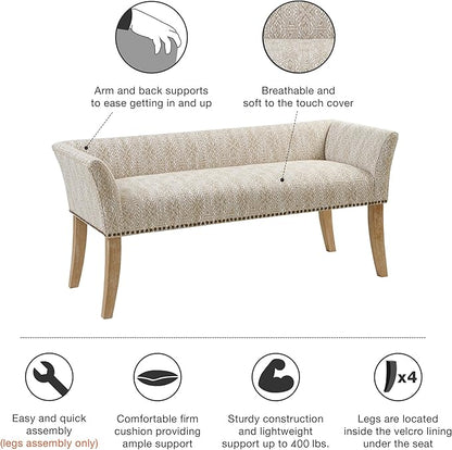 Madison Park Accent Bench for Living Room, Upholstered with Nailhead Trim, & Padded Seat Entryway Bench Small, End of Bed Bench with Back, 49.5" W x 19.25" D x 23" H, Taupe Multi