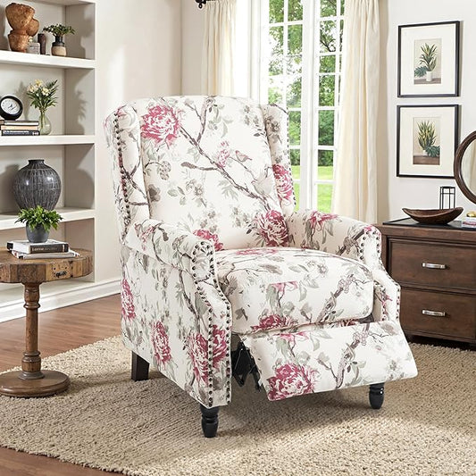 Recliner Chair, Upholstered Wingback Floral Pushback Armchair with Adjustable Backrest & Footrest, Comfy Accent Chair for Small Spaces, Living Room, Bedroom-Plants Floral, Set of 1