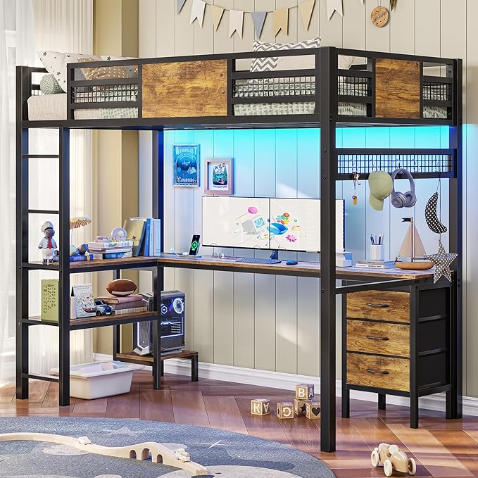 ADORNEVE Loft Bed Twin Size with L-Shaped Desk, LED Lights,Charging Station, Twin Metal Loft Bed Frame with Fabric Drawers & Shelve, 13.4" H Safety Guardrail, No Box Spring Needed, Rustic Brown