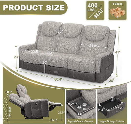 Manual Reclining Sofa, Flip Middle Backrest 2-in-1 Couch with Large Storage Drawer, USB Ports & Cup Holders, Grey Linen & Chocolate Leather Living Room Loveseat Recliner Sofa, Grey