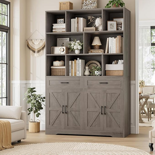 HOSTACK 71" Tall Bookcase with Drawers and Doors, 47" Wide Book Shelf and Bookcase with Storage, 6 Tier Large Book Storage Cabinet with 14" Deep Display Shelves for Living Room, Home Office, Ash Grey