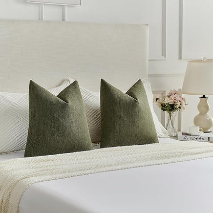 FUTEI Moss Green Chenille Decorative Throw Pillow Covers 24x24 Inch Set of 2,Soft Cozy Faux Linen Textured European Pillow Shams,Farmhouse Home Decor for Couch Living Room