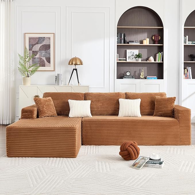 108" Boneless Couches for Living Room, Modular Sectional Sofa with Oversized Chaise, L-Shape Cloud Couch with Deep Seat, High-Density Memory Foam, No Assembly Required, Plush Corduroy Brown