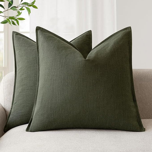 Foindtower Pack of 2, Decorative Linen Solid Throw Pillow Covers Soft Accent Cushion Case Farmhouse Neutral Pillowcase for Chair Couch Sofa Bedroom Living Room Home Decor 24 x 24 Inch Dark Olive Green