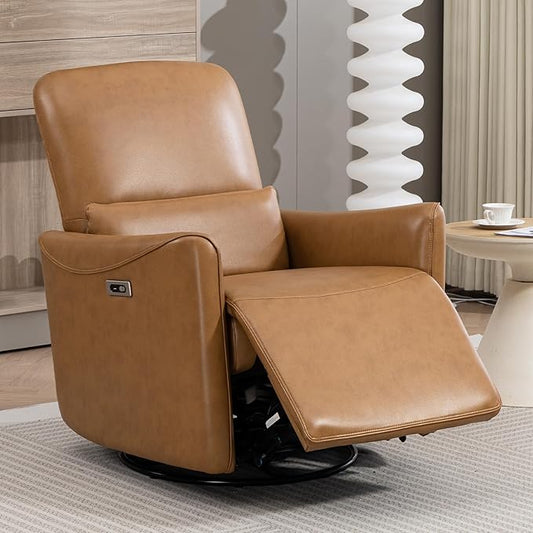 Power Swivel Recliner Chair, Faux Leather Glider Electric Rocking Chair for Adults. Nursery Rocker Single Sofa Chair with Lumbar Support for Living Room. Dual-port Charging: Type-C&USB, Brown