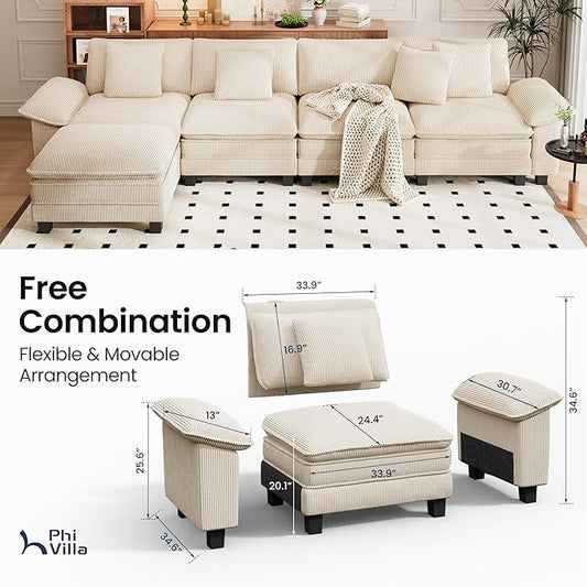 PHI VILLA Cloud Modular Couch Sets, 157.5" Sectional Sofa with L-Shaped Chaise, 5-Seater Upholstered Couches with Movable Ottoman for Living Room, Corduroy Fabric, Beige