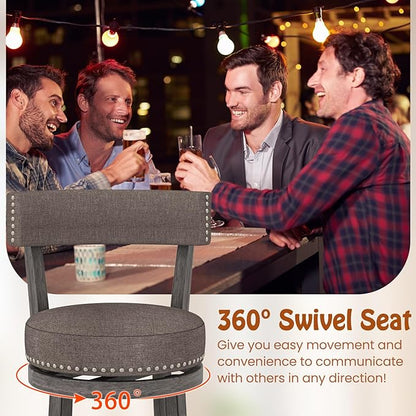 COSTWAY Bar Stools Set of 4, Upholstered Farmhouse Bar stools with Cushioned Seat & Backrest, Solid Wood Legs, Footrest, 26” Counter Height Swivel Stools for Kitchen Island, Pub (4, 26'' Seat Height)