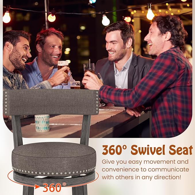 COSTWAY Bar Stools Set of 2, Upholstered Farmhouse Bar stools w/Cushioned Seat & Backrest, Solid Wood Legs, Footrest, 26” Counter Height Swivel Stools for Kitchen Island, Pub (2, 26'' Seat Height)