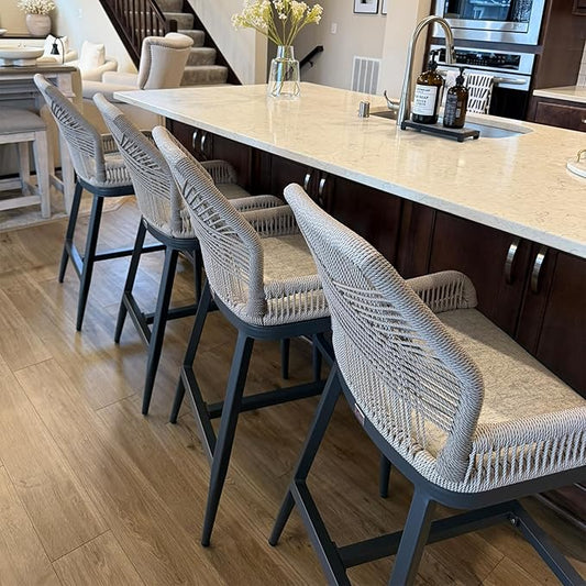 PURPLE LEAF 4 Pieces Bar Stools Patio Modern Rattan Barstools Aluminum Woven Tall Bar Chairs with Cushions for Outdoor Kitchen Island Garden