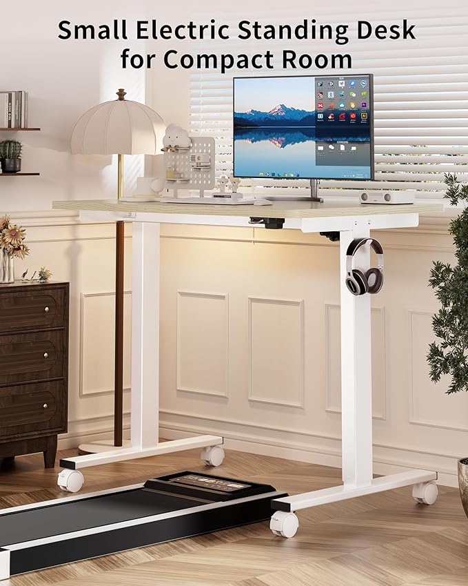 Okin Electric Standing Desk, 40 x 24 Inches Whole Piece Height Adjustable Desk, Oak Sit to Stand Desks Computer Workstation with Wheels for Home Office