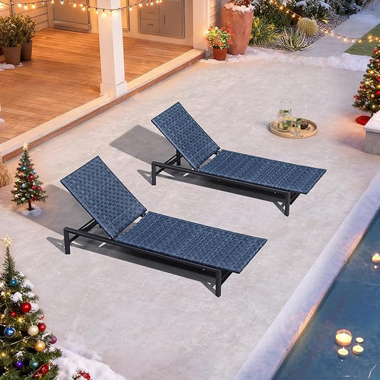 PURPLE LEAF Patio Chaise Lounge Rattan Chair Set of 2 Outdoor Pool Adjustable Recliner Wicker Chairs for Outside Woven Furniture Tanning Poolside Lounger Navy Blue