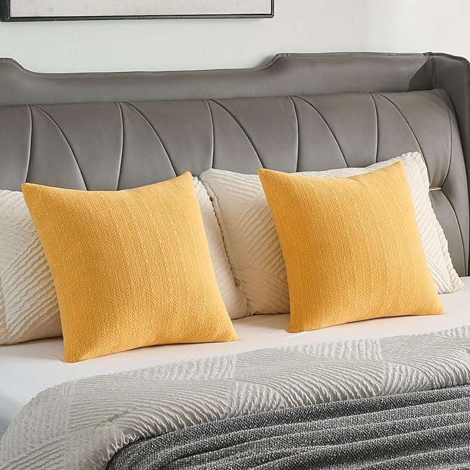 FUTEI Mustard Yellow Chenille Throw Pillow Covers 20x20 Inch Set of 2,Soft Striped & Diamond Textured Cushion Cases,Modern Home Decor for Couch Living Room