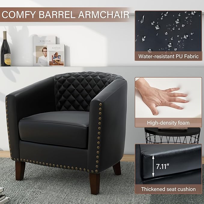 Pia Ricco Faux Leather Barrel Chairs Set of 2, Modern Comfy Accent Chairs, Upholstered Armchair Club Chairs with Nailhead Trim, Single Sofa Barrel Chair for Living Room Reading Room, Black