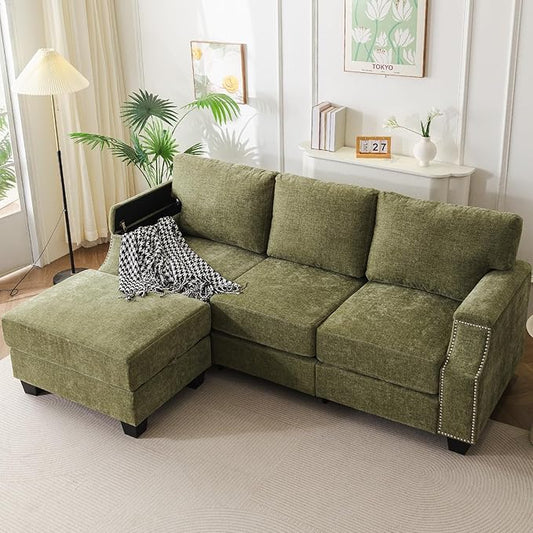 85'' L Shaped Couch with Armrest Organizer,3 Seats Sofas with Storage Ottoman,Comfy Sectional Sofa with Thick Cushion,Chenille Sectional Couches for Living Room,Bedroom,Apartment,Green