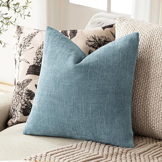 Foindtower Pack of 2 Textured Chenille Throw Decorative Pillow Covers Square Accent Solid Cushion Cover Neutral Farmhouse Pillow Case for Couch Sofa Bedroom Living Room 16x16 Inch,Light Blue