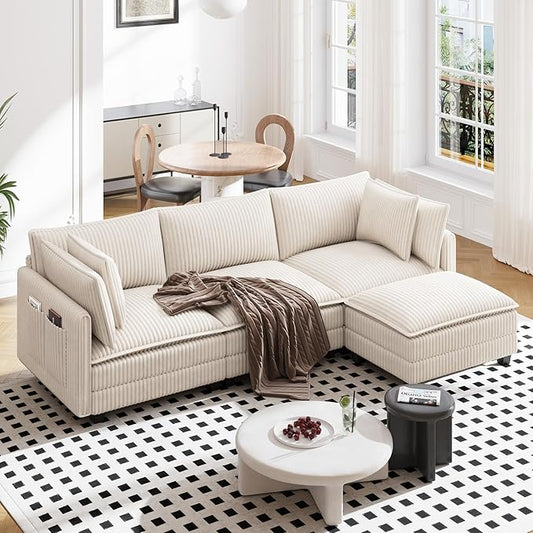 Vesgantti 109" L Shaped Cloud Sectional Couch, Comfy Corduroy Upholstered Modular Couches for Living Room, Modern 3 Seater Sectional Sofa with Ottoman Deep Seat, Beige