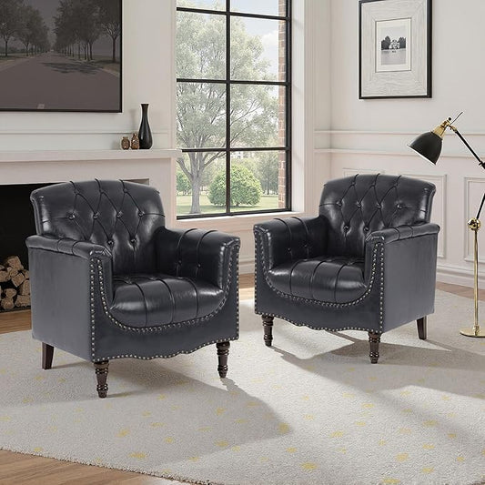 Faux Leather Accent Chair, PU Leather Modern Comfy Upholstered Armchair with Wood Legs & Nailhead Trim for Living Room, Bedroom