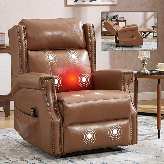 Manual Recliner Chair with Massage & Lumbar Heat, Breathable Leather Reclining Chair for Adults, Humanized Design Easy to Install Living Room Recliners Camel Brown