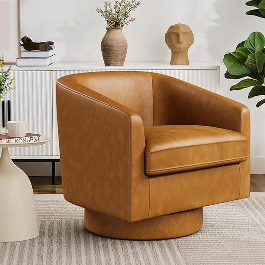 Swivel Barrel Accent Chair, Round Faux Leather Living Room Arm Chairs, Modern Upholstered Comfty Reading Nook Chairs for Bedroom, Small Club Armchair, Single Sofa Side Chair, Brown