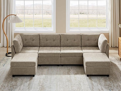 VANOMi 4 Seater Modular Cloud Sofa with 2 Ottomans, 118" Sectional Sofas & Couches for Living Room, Comfy Chenille Cloud Sectional Couch Sofas for Living Room, Apartment, Office, Camel, U Shaped