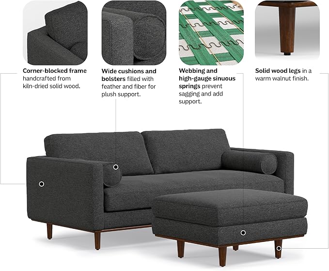 SIMPLIHOME Morrison Mid-Century Modern 89 inch Wide Sofa with Ottoman Set in Charcoal Grey Tightly Woven Performance Fabric for the Living Room and Family Room