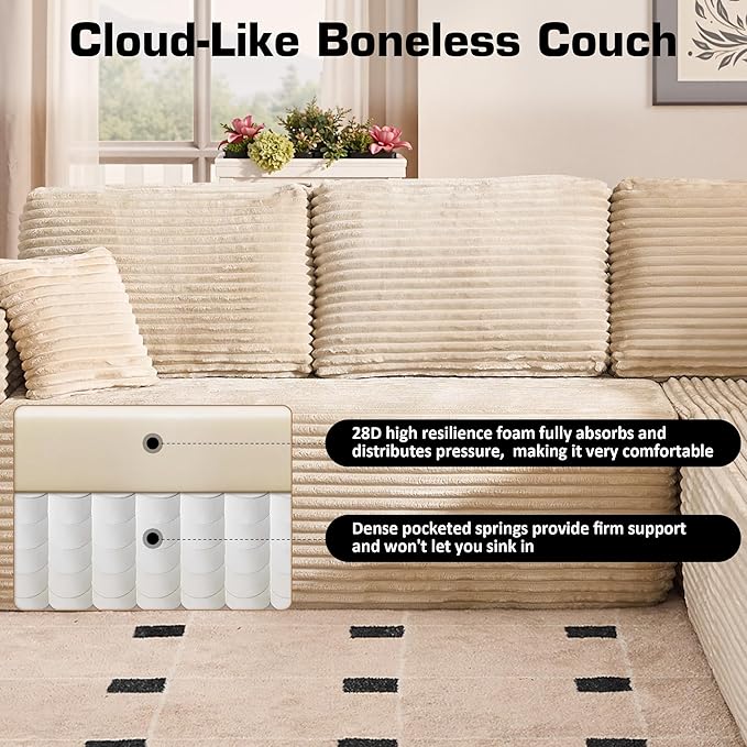 Weaxty Cloud Sectional Couch for Living Room, Oversized L Shaped Boneless Couches, Plush Corduroy Memory Foam Deep Seat Floor Sofa, No Assembly Required，Beige