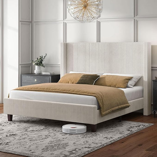 HOWE Queen Size Upholstered Platform Bed Frame, Wingback Bed with 50.8" Headboard, Corduroy/Solid Wood Leg/No Box Spring Needed/Noise Free/Cream