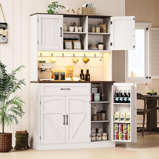 ONBRILL 71" Pantry Cabinet, Kitchen Pantry Storage Cabinet with LED Light & Outlet, Kitchen Hutch with Microwave Shelf & 6 Hook, Door Shelf & Drawer & Adjustable Shelf, Dining Room, Off White+Walnut