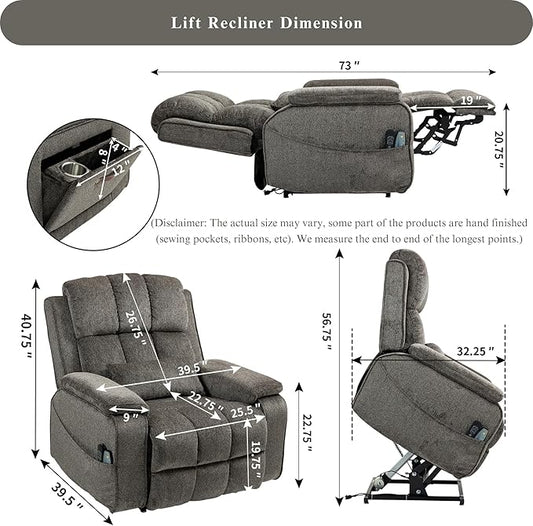 Power Lift Recliner Chairs for Elderly, Infinite Position Lay Flat Recliner with Heat & Massage Side Storage Cup Holder - USB Type C Charging - Dual Motor Lift Chair 400 lbs