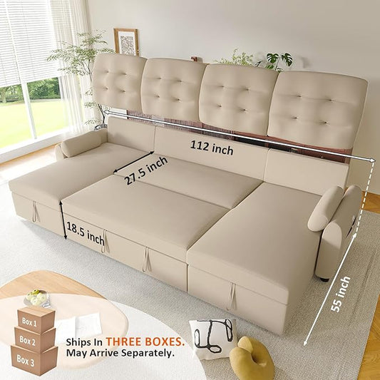 Ucloveria Sleeper Sofa Bed, 112" U Shaped Sectional Sofa Couches for Living Room, Pull Out Couch Bed with Dual Reversible Storage Chaise | Charging Station | Side Pockets | Removable Backrest