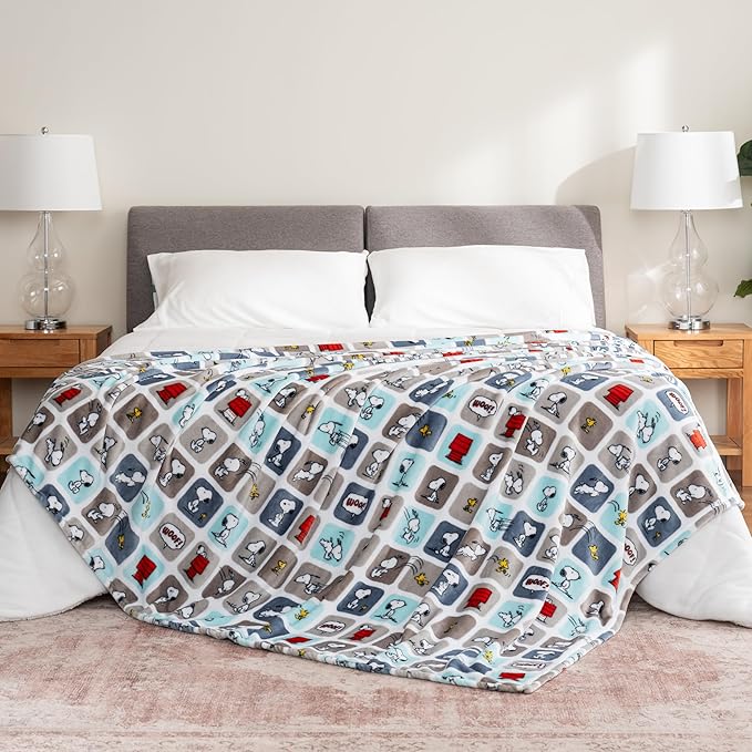 Berkshire Blanket Peanuts® VelvetLoft® Cute Character Snoopy Plush Blanket,Woof Blue,King 90 in x 108 in (Official Peanuts® Product)