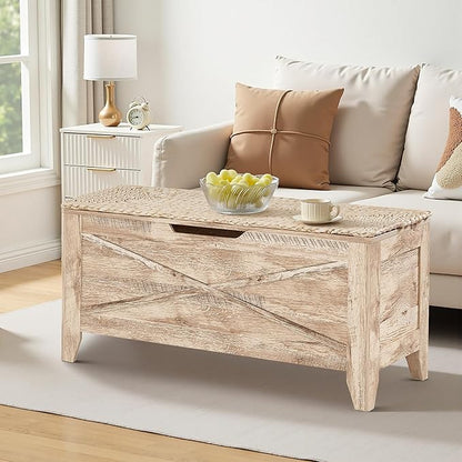 VECELO 43.3" Storage Bench, Entryway Shoe Ottoman, Farmhouse Style Bench with Handwoven Cushion and Metal Safety Hinges for Bedroom, Living Room, Entryway, Wood