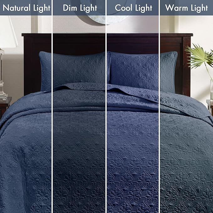Madison Park Quebec Reversible Quilt Set Damask Design, Double Sided Stitching All Season, Lightweight Bedspread Bedding Set, Matching Sham, Navy, Full(96"x110") 3 Piece