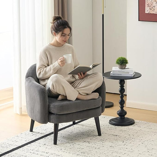 VINGLI 30.3" Wide Modern Barrel Accent Armchair with Track Armrest, Solid Wooden Legs, Comfy Upholstered Club Chair, Round Single Home Sofa for Living Room, Bedroom, Reading Room, Corduroy Grey