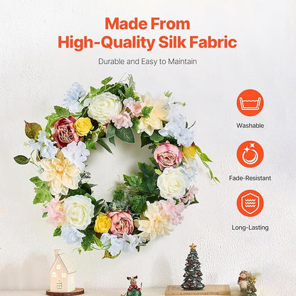 VEVOR Spring Wreath for Front Door 24 Inch - Large Artificial Flower Wreath with Hydrangea & Peony, Year-Round All Season Outdoor Indoor Door Decor