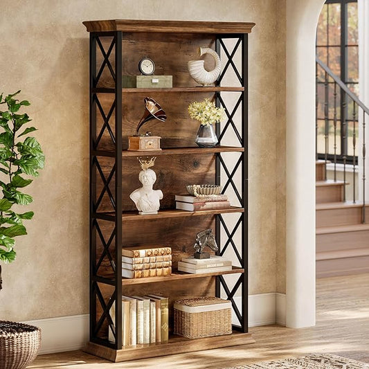 Tribesigns 71-Inch Tall Bookcase, 5-Tier Industrial Metal Bookshelf, Large Etagere Bookcases and Bookshelves, Freestanding Display Shelves for Living Room, Bedroom, Rustic Brown and Black