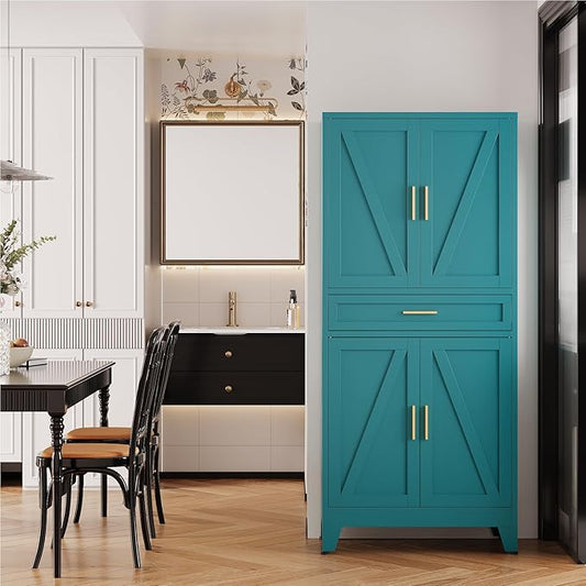 Large Metal Kitchen Pantry Cabinet with Adjustable Shelves - Freestanding Kitchen Storage Cabinet for Dining Room,Livingroom Bathroom, Hallway, Workshop, Office (Blue, 71"-1 Drawer)