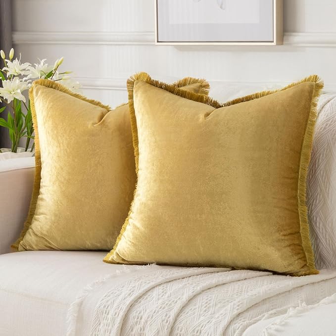 FUTEI Christmas Gold Velvet Decorative Throw Pillow Covers 24x24 Set of 2,Soft Cozy Edge with Tassels European Cushion Case,Boho Modern Home Decor for Couch Bed Living Room