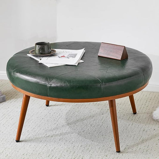 Round Ottoman, Large Faux Leather Footstool and Coffee Table, Cushioned Backless Chair for Living Room & Bedroom, Padded Seat Footrest, (Green)