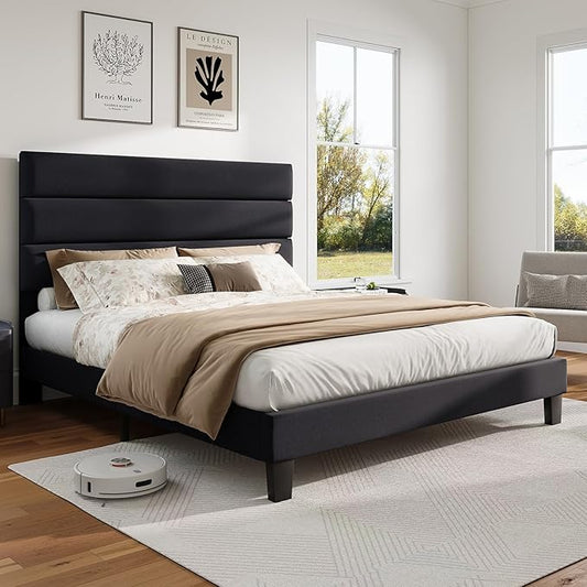 AMERLIFE Full Size Bed Frame with Linen Upholstered Headboard, Modern Platform Bed with Wooden Slats Support, Noise-Free, No Box Spring Needed, Easy Assembly, Black