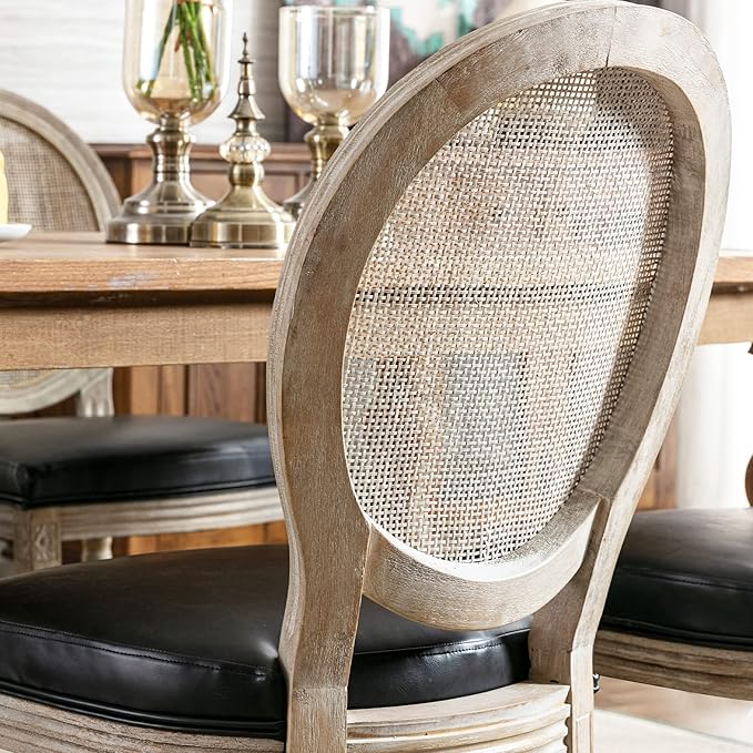 Farmhouse Leather Dining Room Chairs Set of 2 French Dining Chairs with Round Rattan Back French Bistro Chairs for Dining Room/Living Room/Kitchen/Restaurant, Black