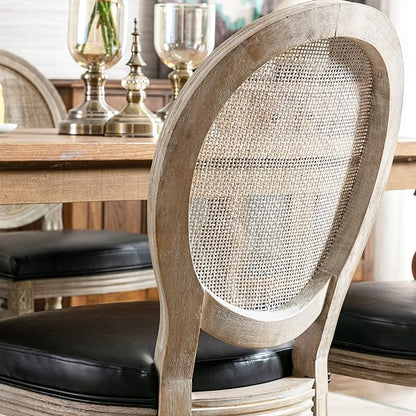 Farmhouse Leather Dining Room Chairs Set of 2 French Dining Chairs with Round Rattan Back French Bistro Chairs for Dining Room/Living Room/Kitchen/Restaurant, Black