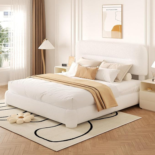 Queen Size Cloud Bed Frame, Upholstered Boucle Platform Bed with Adjustable Headboard, Anti-Collision Soft Rounded Corners, Noise Free, Easy Assembly, White