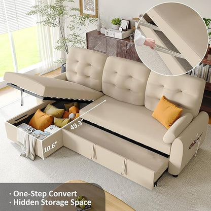 Ucloveria Sleeper Sofa Bed, 86" Convertible Sectional Sofa Couches for Living Room, Pull Out Couch Bed with Reversible Storage Chaise | USB Ports | Side Pockets | Removable Backrest