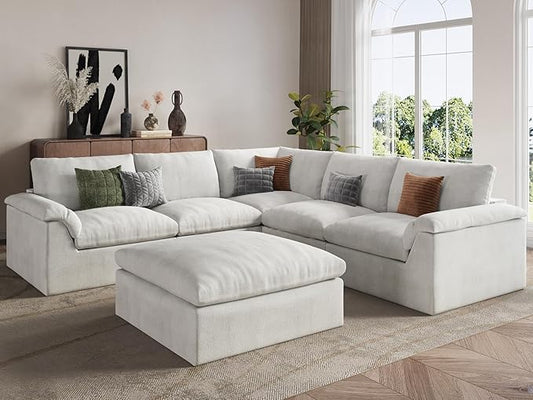 EASE MOOSE Boneless Modular Cloud Couch, Oversized L-Shaped Sectional Sofa for Living Room with Ottoman, Extra Large Movable Couches, 6-Deep-Seat Sofas for Bedroom, Apartment, Chenille (White)