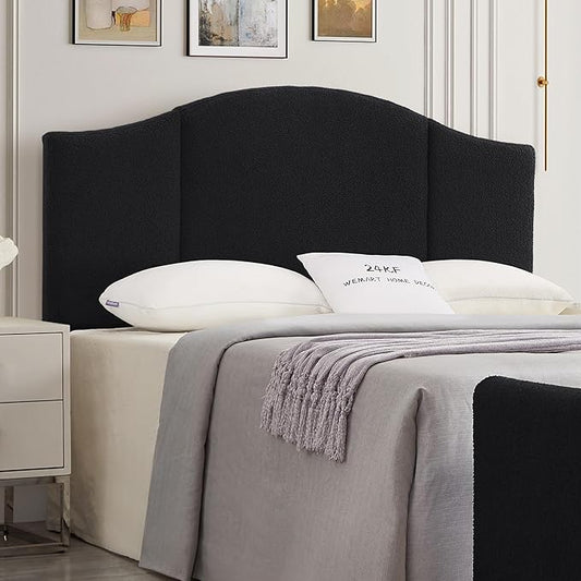 24KF Middle Century Upholstered Foldable Queen/Full Headboard - Modern Boucle Teddy Fabric, Black (6033-Q)