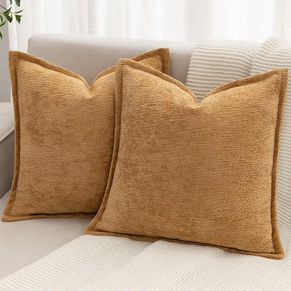 Mustard Yellow Decorative Throw Pillow Covers 22x22 Inch Set of 2 Cozy Soild Chenille Cushion Cases Soft Textured Square Couch Pillows Cover Boho Accent Farmhouse Pillowcases for Bed